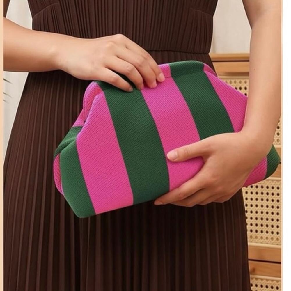Woven Crochet Bag Dumpling Striped Ruched Cloud Purse Evening Pink Green AKA
